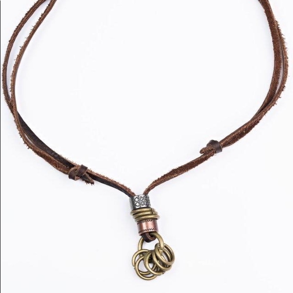 Brown Leather Adjustable Necklace w Accent Rings